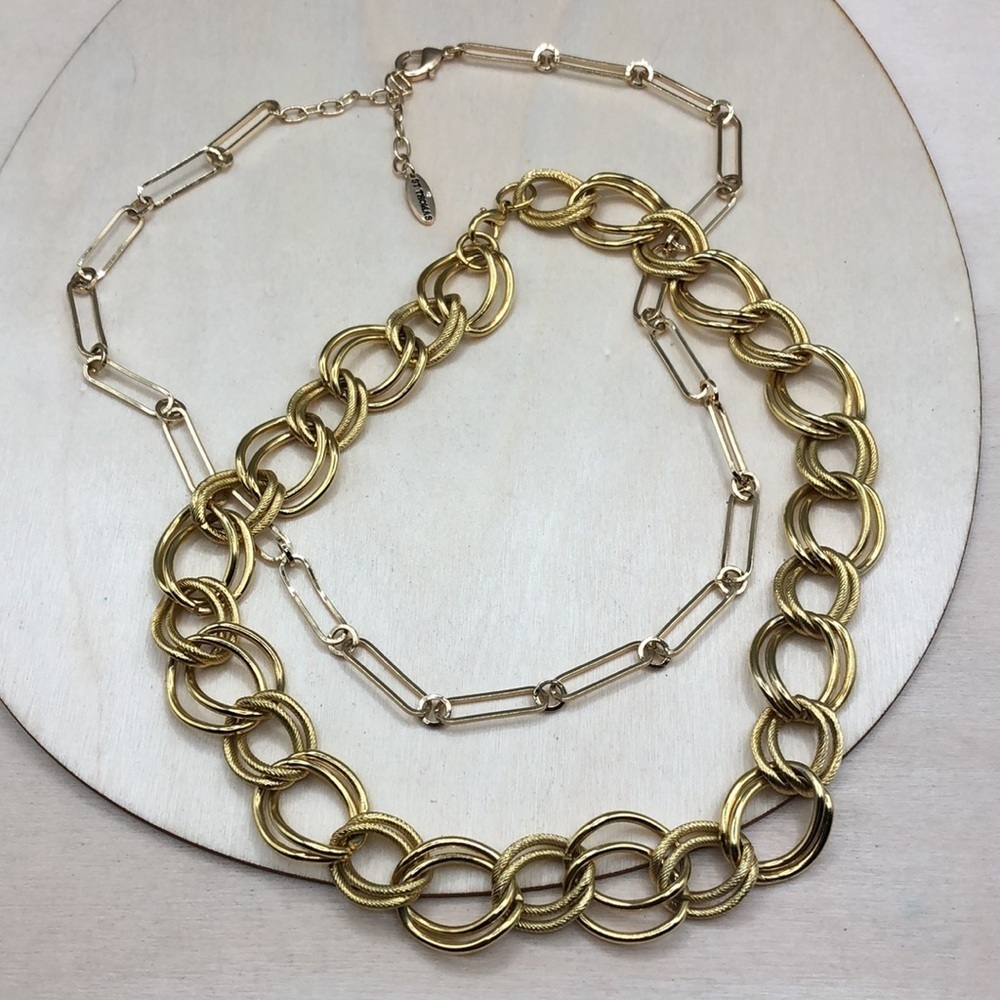 Curated bundle 2 gold tone chain necklaces layered look.